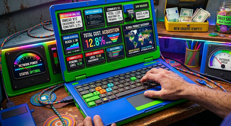 A vibrant image containing a laptop with data for social media