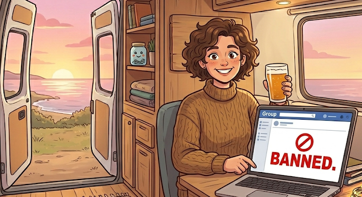 An animated girl holding a beer with a laptop which says banned from a social media group